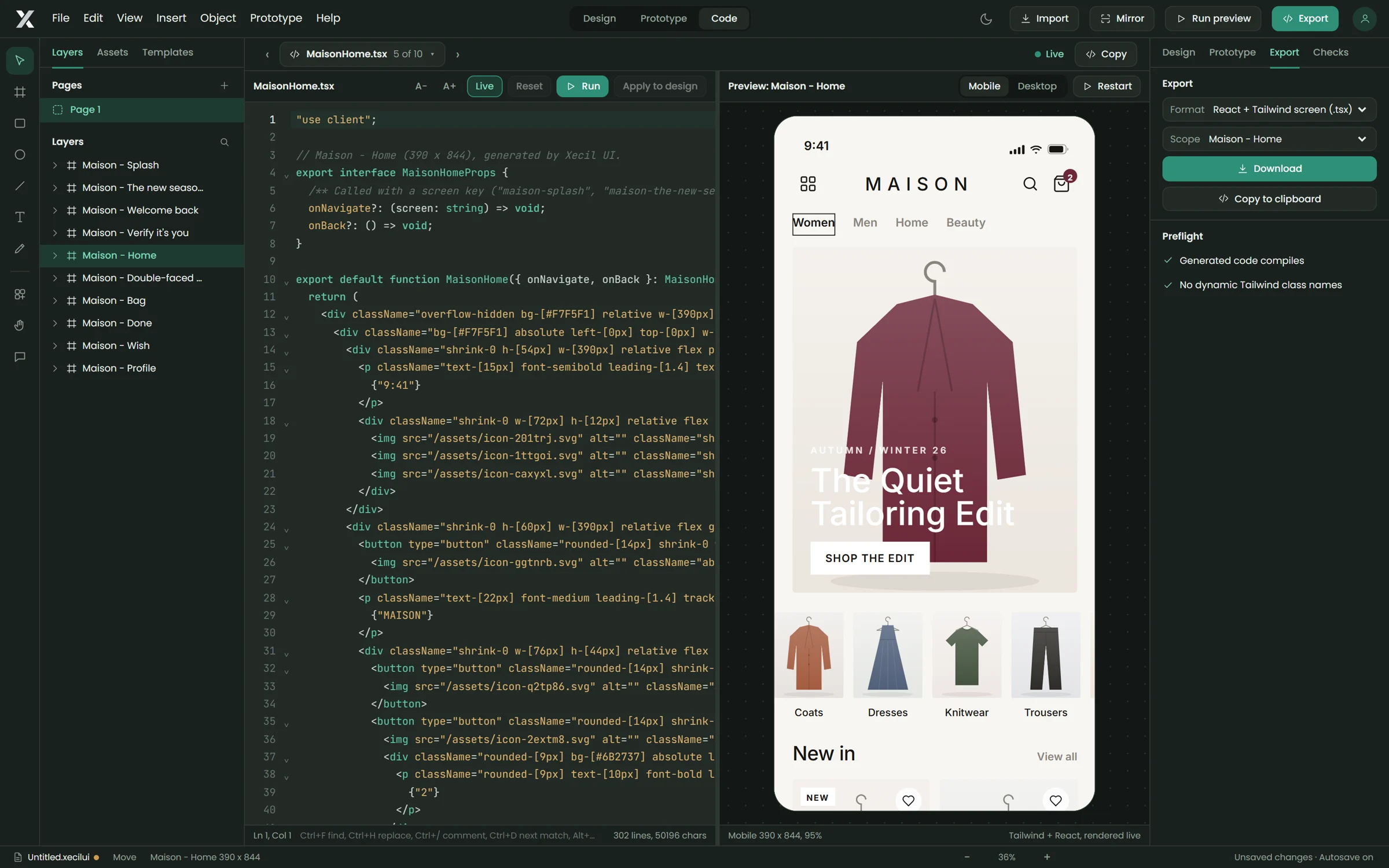 Code mode with React and Tailwind code beside a live preview