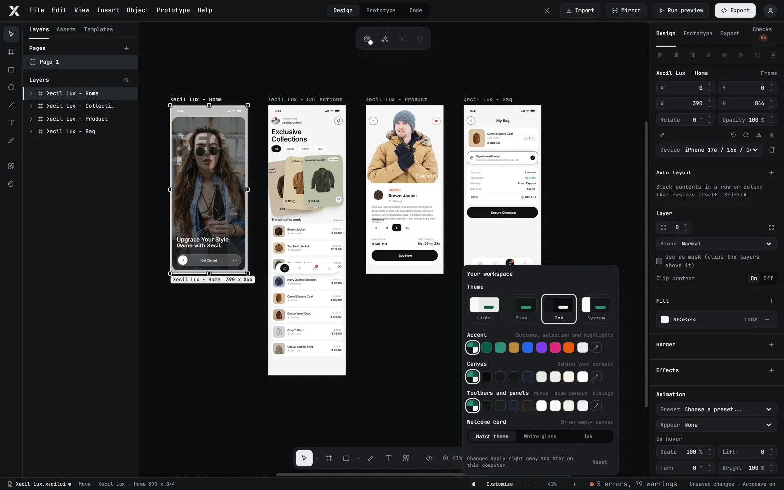 Xecil UI with the Ink workspace look and the Customize panel open