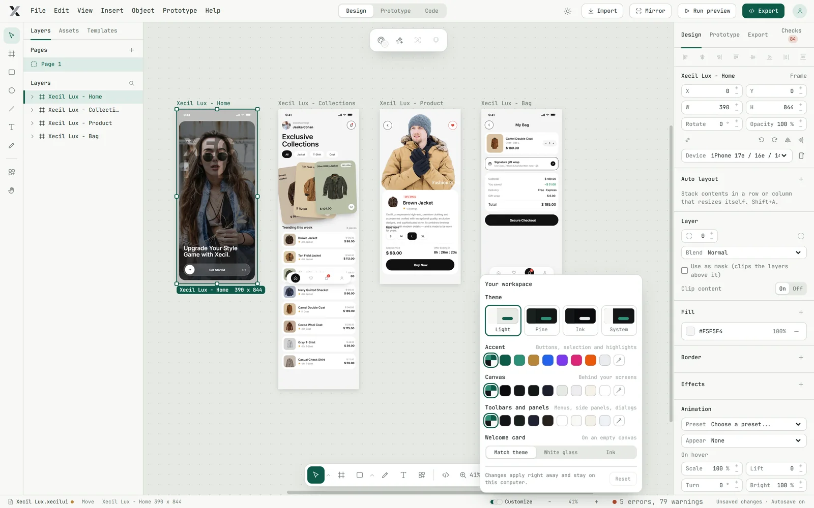 Xecil UI with the Light workspace look and the Customize panel open