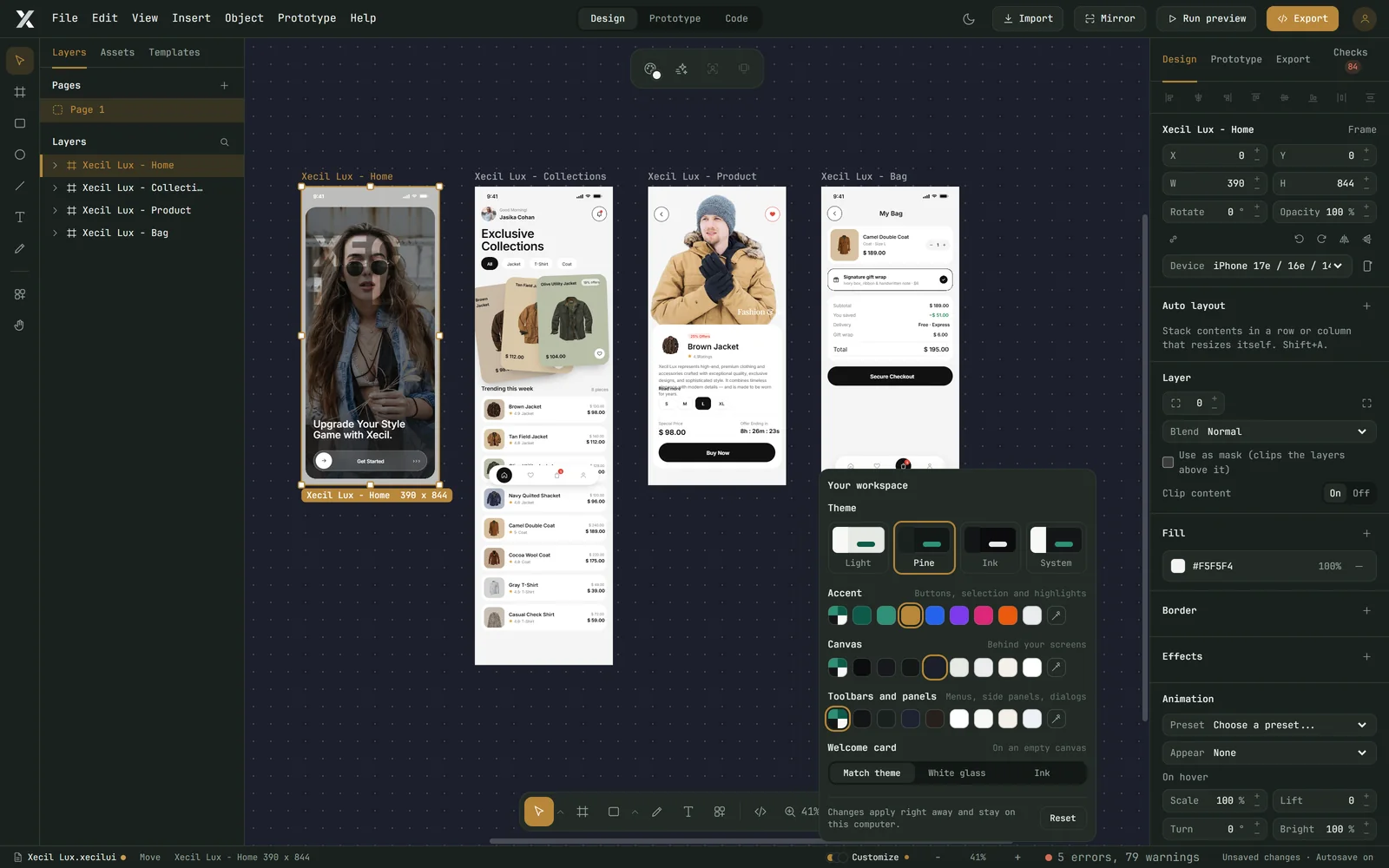 Xecil UI with the Pine + brass workspace look and the Customize panel open