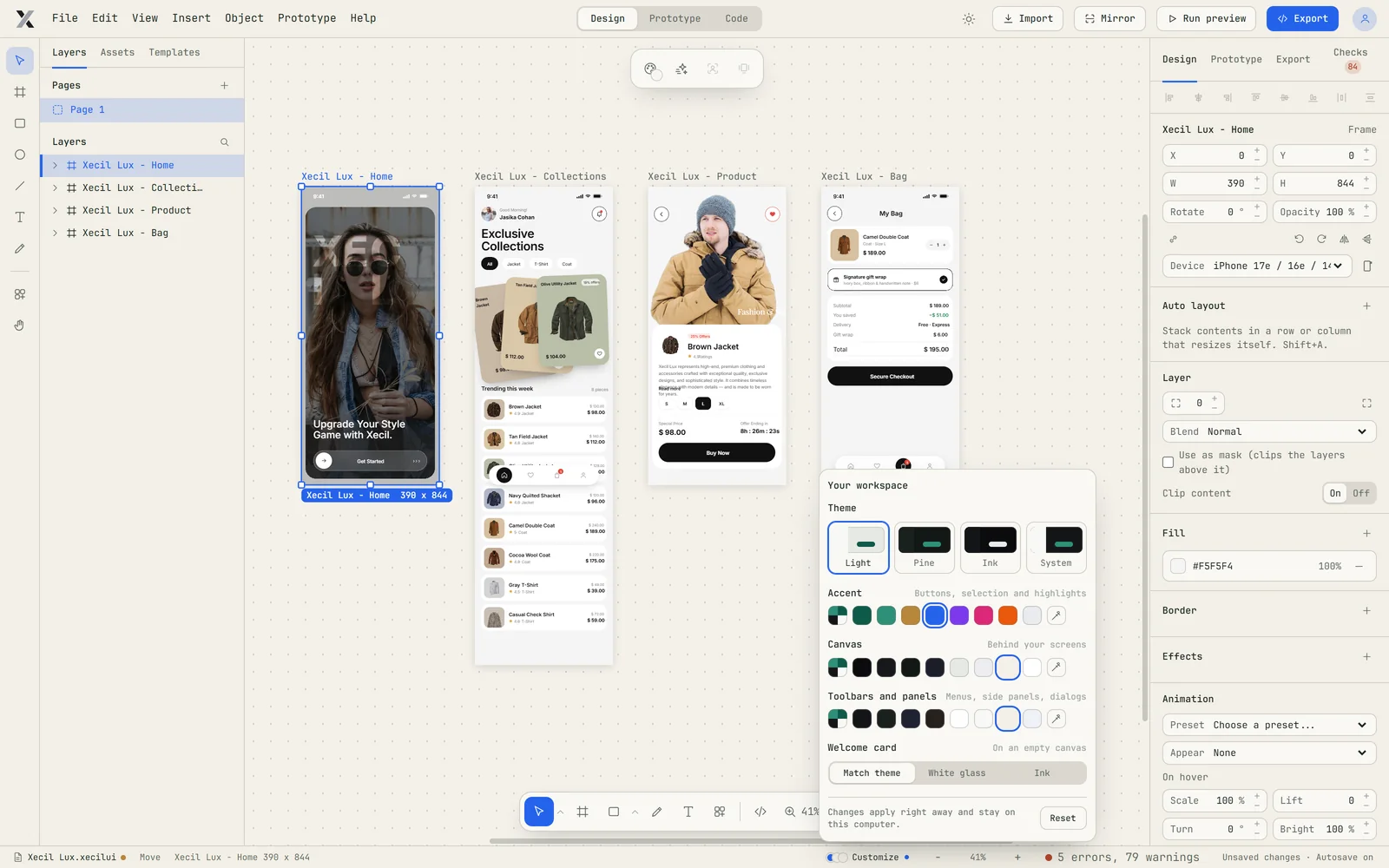 Xecil UI with the Sand + blue workspace look and the Customize panel open