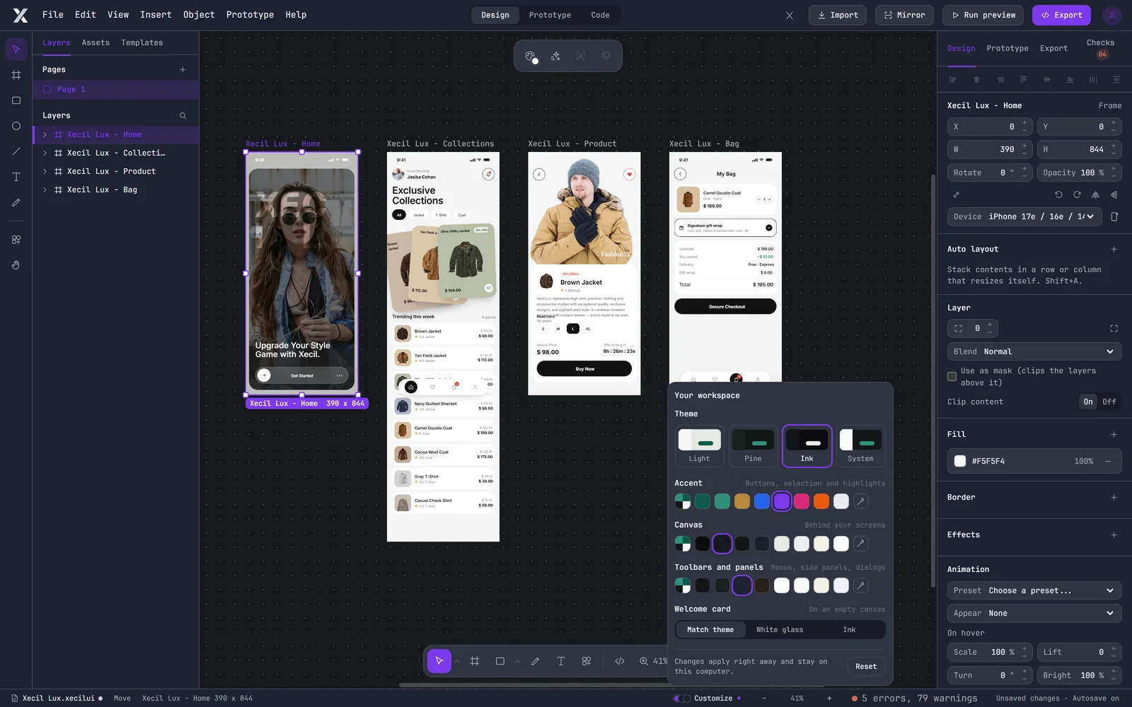 Xecil UI with the Violet night workspace look and the Customize panel open