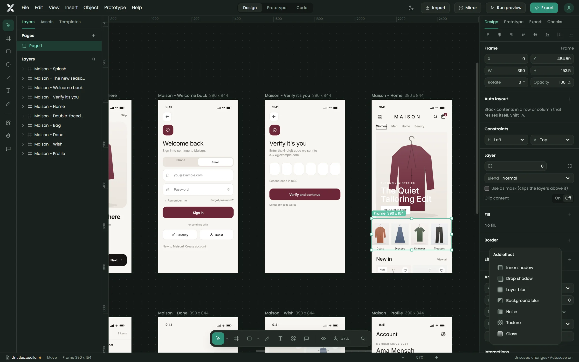 Xecil UI design mode with the Maison app screens and the Add effect menu