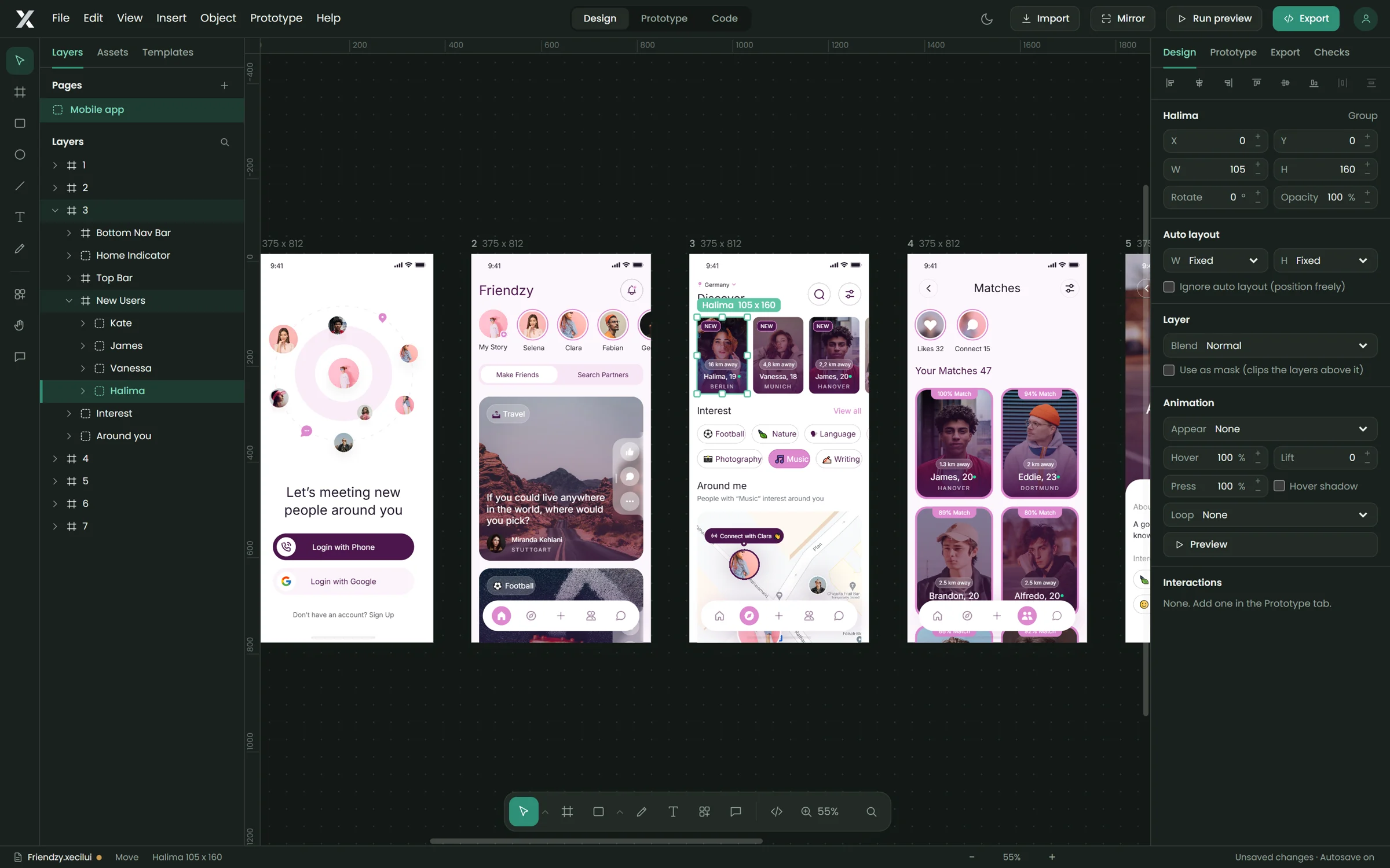 The Friendzy dating app, designed in Figma, open in Xecil UI