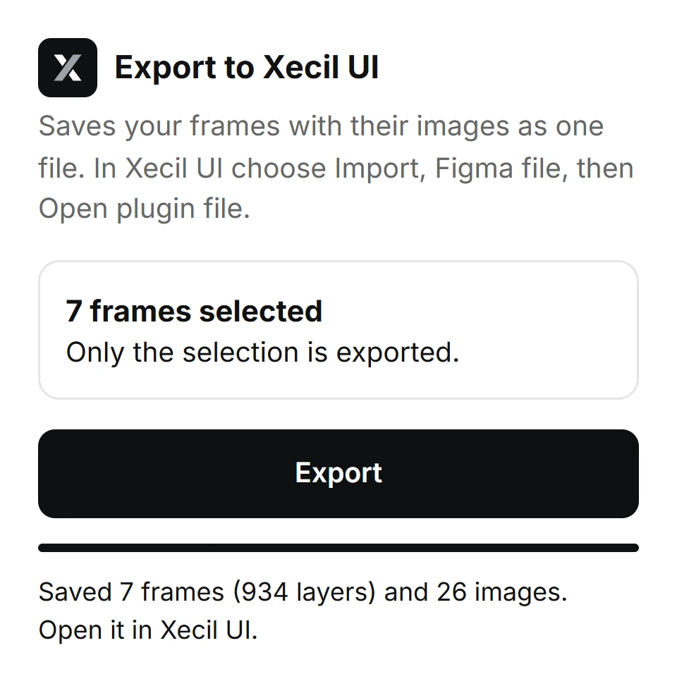 The Xecil UI Export plugin for Figma after saving 7 frames and 26 images