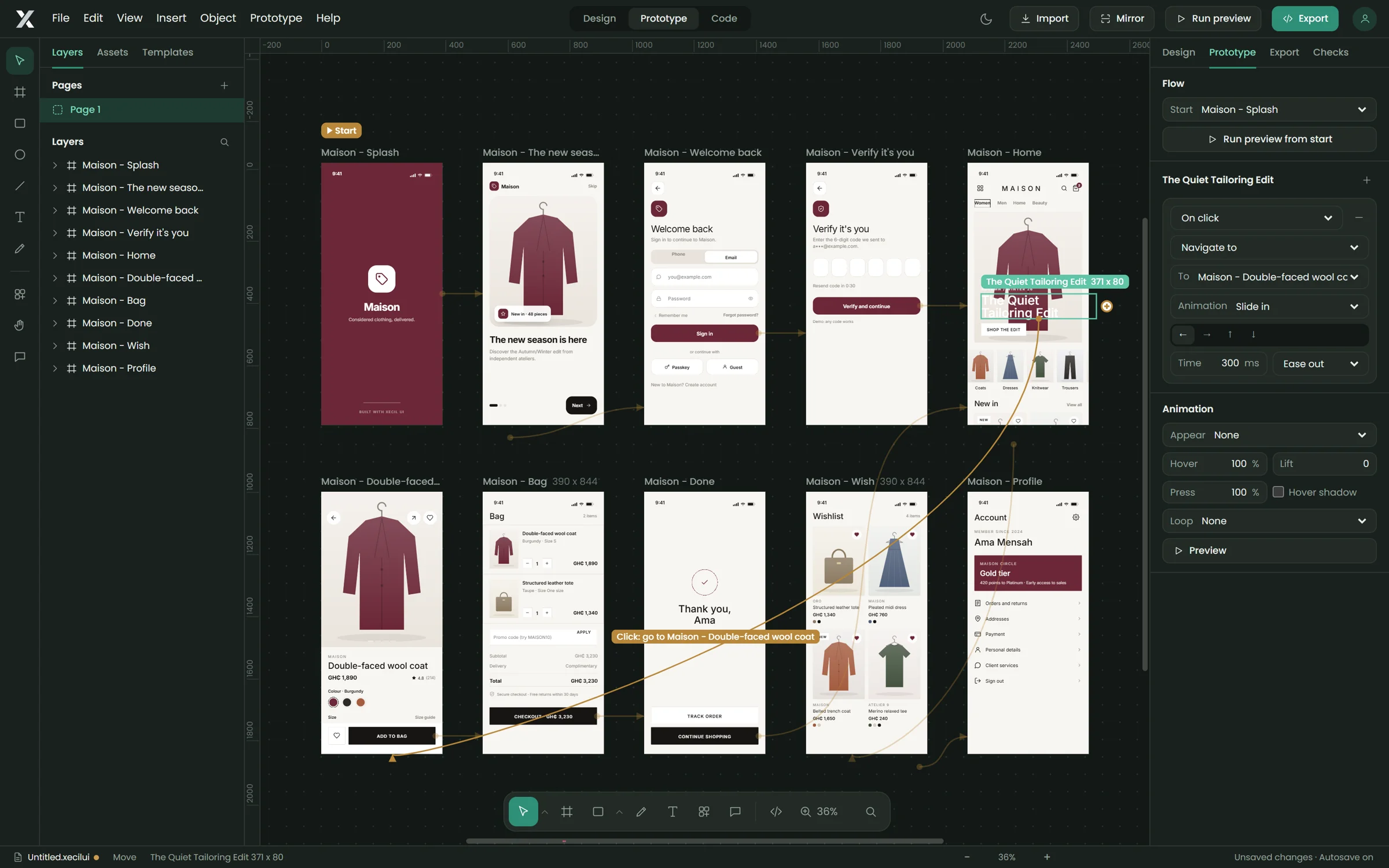 Prototype mode showing curved flow links between ten Maison screens