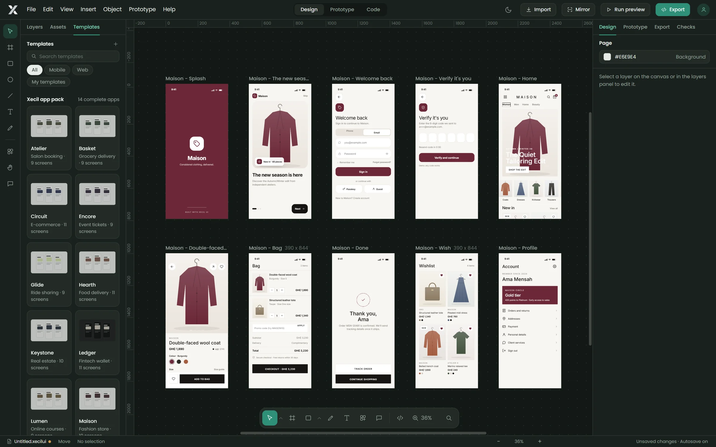 Templates panel with the Xecil template pack of 45 complete apps and websites